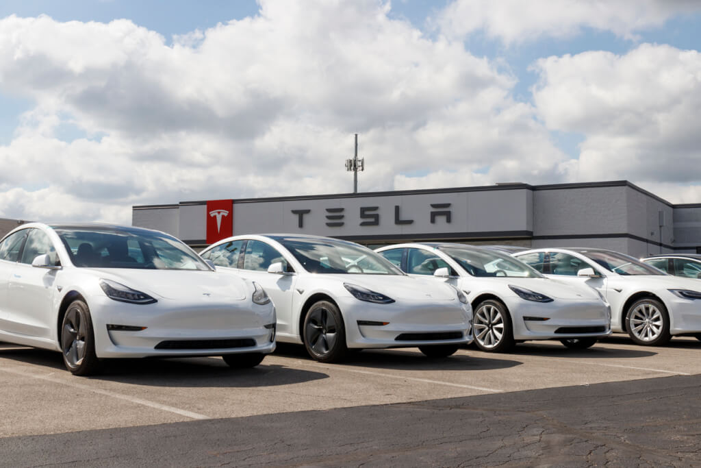 Tesla electric vehicles awaiting preparation for sale. Tesla EV Model 3, S and X are a key to a cleaner and greener environment XI