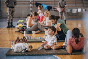 People in shelter after natural disaster