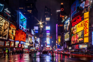 Times Square Manhattan at the evening and during rain