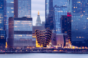 Closeup view at sunset of the elaborate honeycomb-like structure the Vessel, a visitor attraction built as part of the Hudson Yards Redevelopment Project in Manhattan