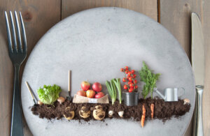 Organic fruits and vegetables garden on a kitchen plate