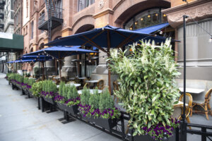 An empty outdoor restaurant during covid outbreak. Restaurants started serving meals outdoors due to pandemic dining rules.