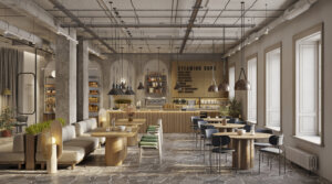 3d render of a beautiful coffee shot in the city. Interior of modern cafe with beautiful furniture.