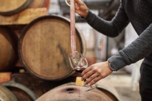 Cellar, wine glass and winery worker pouring wine with a syringe in a vineyard warehouse. Vintner, wooden barrels and luxury red alcohol for wine tasting in a distillery on a farm in the countryside.