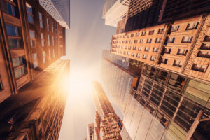 Office skyscraper Reflection in the sunlight. New York City