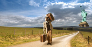 Emigrant man with the suitcases