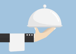 Waiter hand holding silver tray, service, delivery Concept