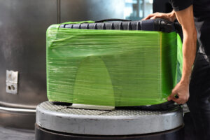 An airport worker's hands are finishing the process of wrapping a suitcase in green plastic on a rotating platform.