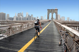 This is the famous bridge built in the 1860s, with its stone gothic arches, connecting Brooklyn and Manhattan. It has an upper level for cyclists and pedestrians, which is shown in this picture, that offers great views of the Manhattan skyline. It forms part of a long recreational trail that starts on the Brooklyn side in the middle of an expressway.