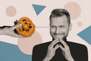 Creative collage picture young man desire tempting bun bakery sugary food hungry nutrition calories dieting cafe menu order.