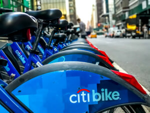 A row of citi bikes on the streets of NYC