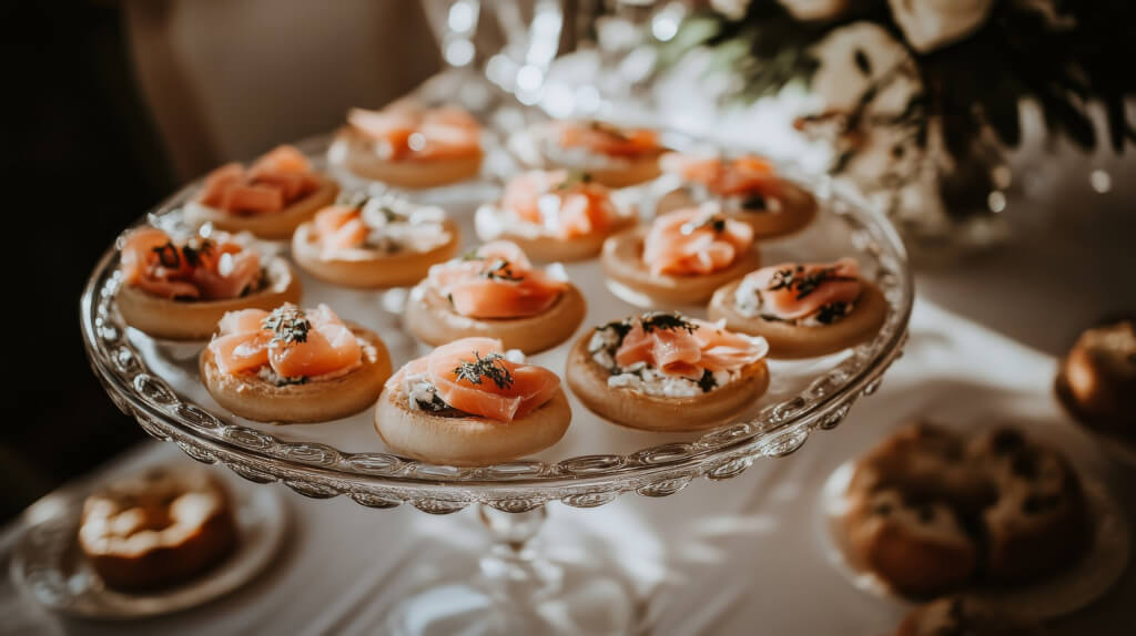 Gourmet and inviting breakfast platter featuring delicious and savory cheese bagels and smoked lox.