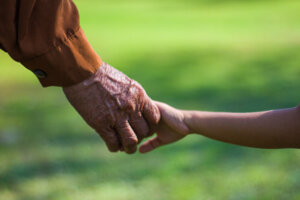 Grandma`s hand to walk to the garden, present family love