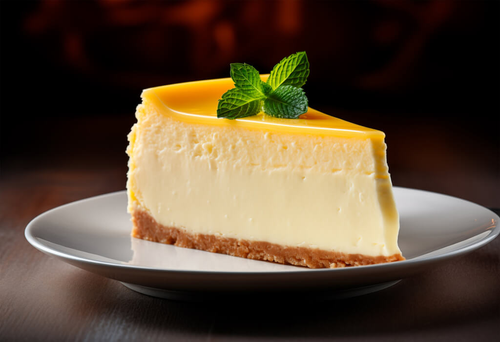 Classic cheesecake on black background, close up, AI generated
