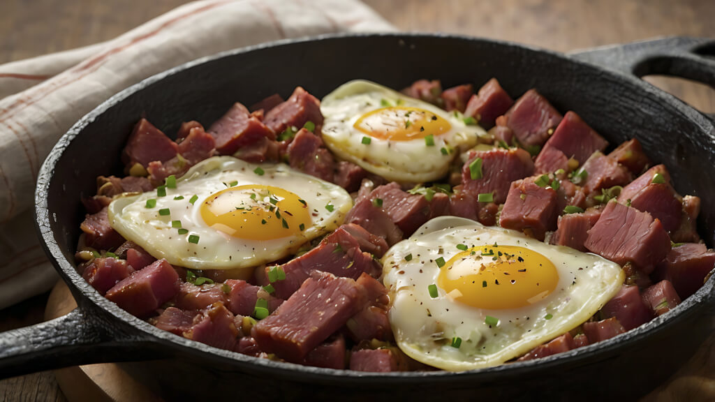 Hearty Skillet Corned Beef Hash with Savory Seasoning and Fresh Herbs. AI generated
